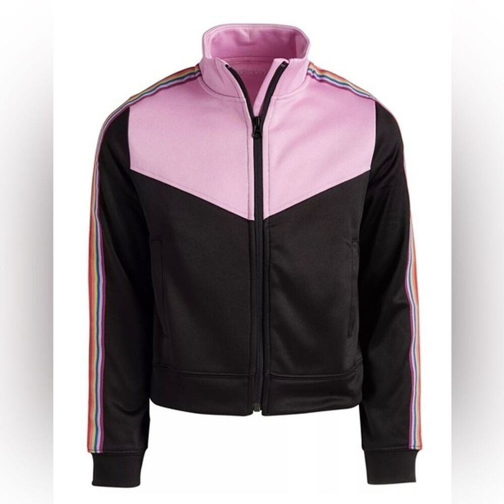 Ideology Big Girls Rainbow Striped Track Jacket Pink/Black, sweater size 12